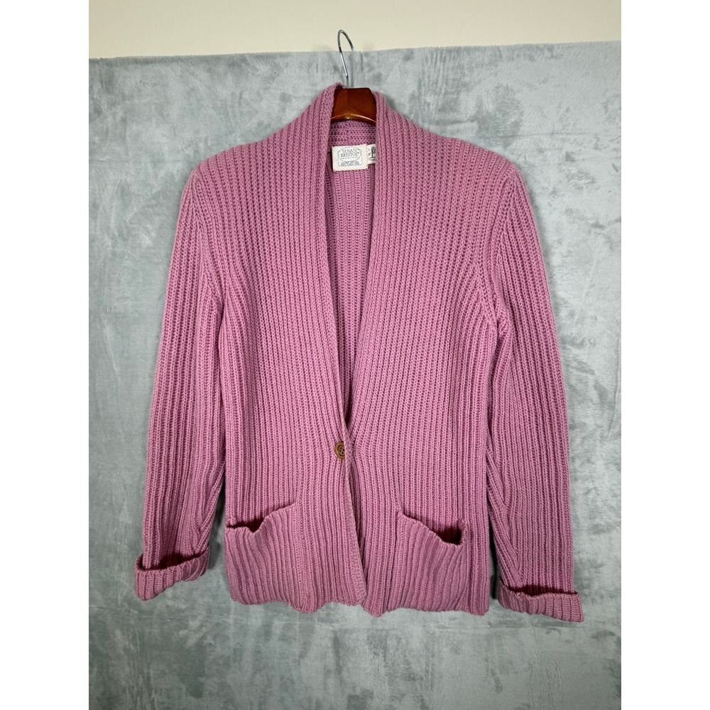 VTG Susan Bristol Cardigan Sweater Medium Pink Shetland Wool Chunky Knit Ribbed‎